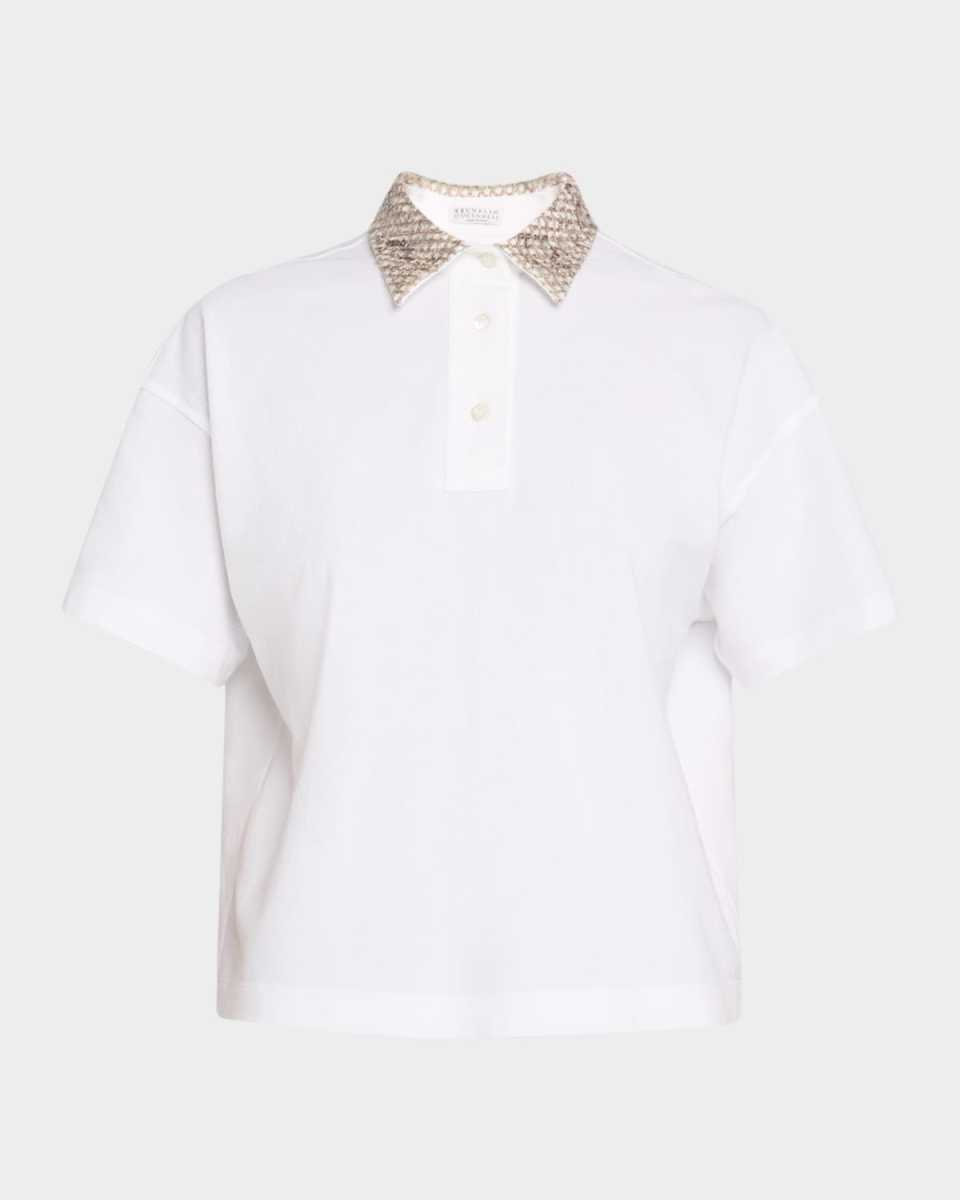 Embroidered Collar Cotton Piquet Polo Shirt